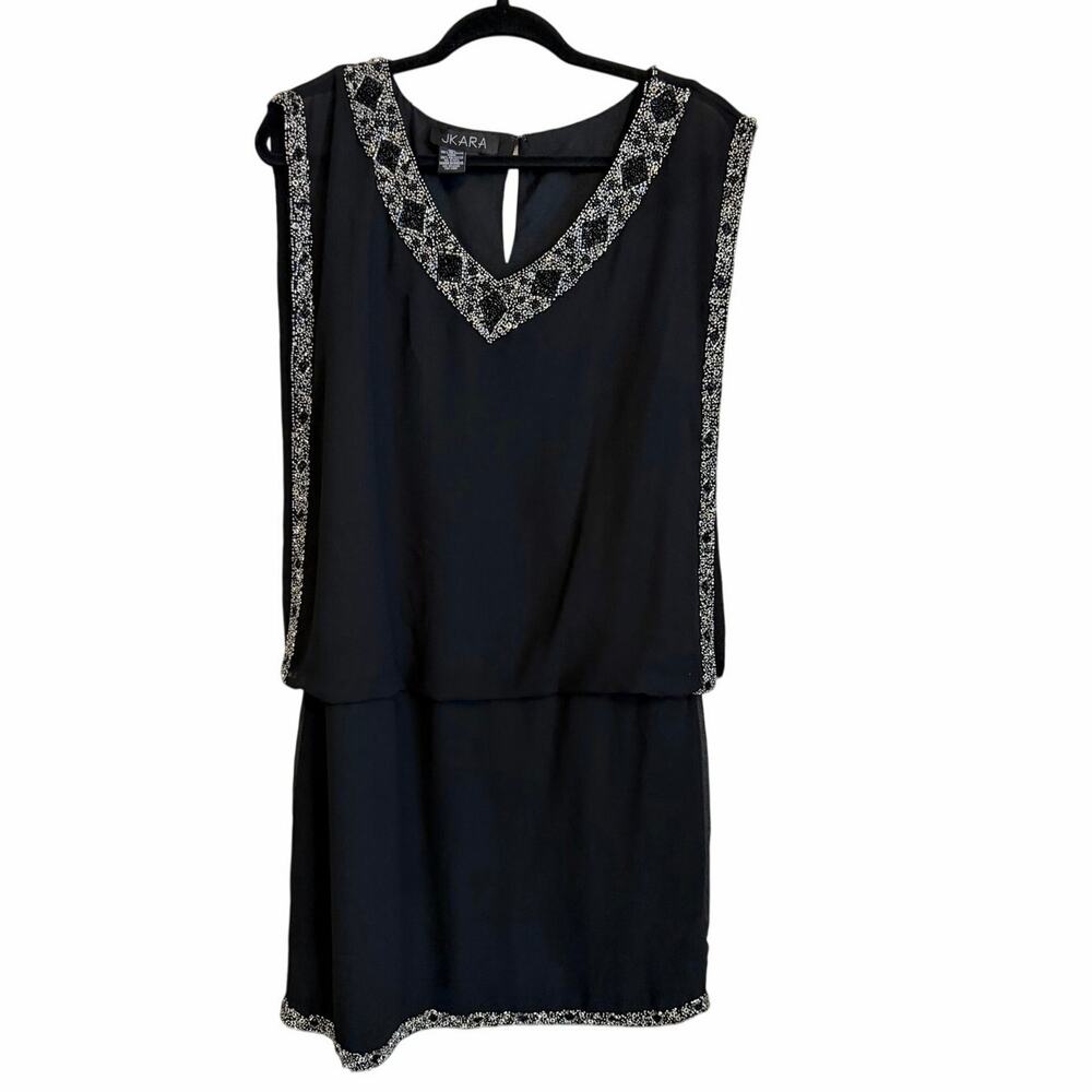 JKARA Mother Dress 12 Black Beaded Midi Sleeveless Party Cocktail Evening Formal